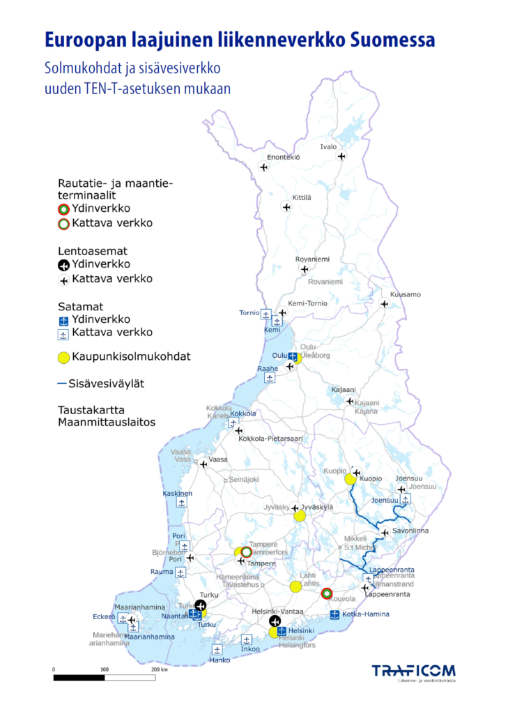 Suomen kartalla näkyy ydinverkolle kuuluva Kouvolan rautatie- ja maantieterminaali ja kattavalle verkolle kuuluva Tampereen rautatie- ja maantieterminaali. Lentoasemista ydinverkolle kuuluvat Helsinki-Vantaa ja Turku ja kattavalle verkolle esimerkiksi Joensuun, Oulun ja Rovaniemien asemat. Ydinverkon satamia ovat Oulu, Naantali, Turku, Helsinki, Kotka-Hamina ja kattavan verkon satamia esimerkiksi Kemi, Kokkola ja Kaskinen. Kaupunkisolmukohtia ovat Helsinki, Turku, Tampere, Lahti, Jyväskylä, Kuopio ja Oulu. Lisäksi kartalla näkyvät sisävesiväyliin kuuluvat Saimaan vesiväylät.